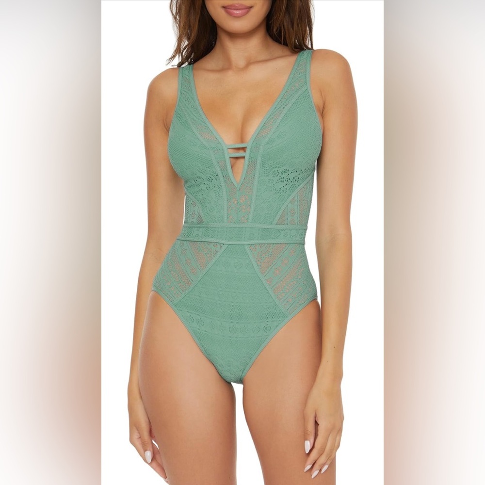 BECCA Women's Standard One Piece Swimsuit, Plunge Neck, Crochet